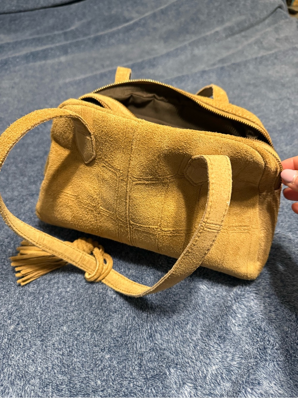 Suede Top-Zip Satchel Handbag in Tan